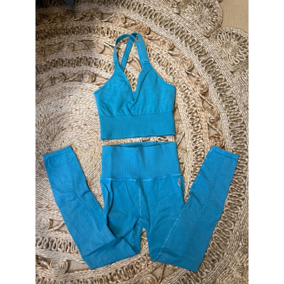 Free People Movement Good Karma Set Turquoise Blue Ribbed Leggings Crop Top XS/S - Picture 5 of 5